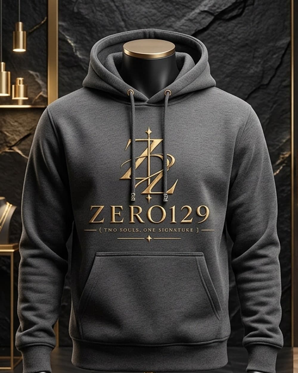 Charcoal Zero129 hoodie with the gold double-Z monogram and Zero129 wordmark, on a display form