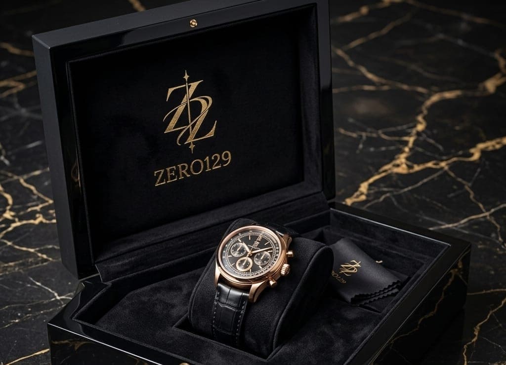 Zero129 rose-gold chronograph with a black dial in a black lacquered presentation case