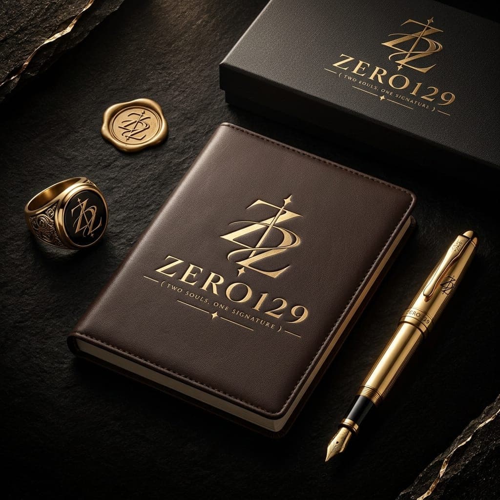 Zero129 leather journal with a gold-embossed monogram, signet ring, wax seal and fountain pen