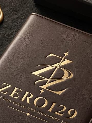 Gold double-Z monogram embossed on a Zero129 leather journal