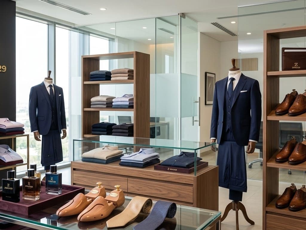 Zero129 boutique with tailored suits, folded shirts, fragrances and leather shoes