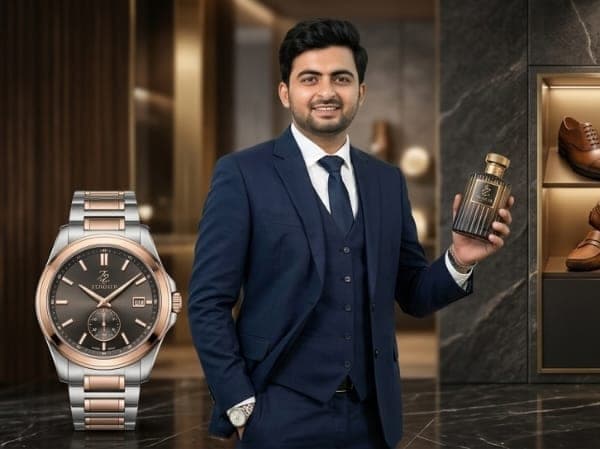 Shikhar Khurana in a navy three-piece suit holding Zero129 fragrance beside a two-tone Zero129 watch