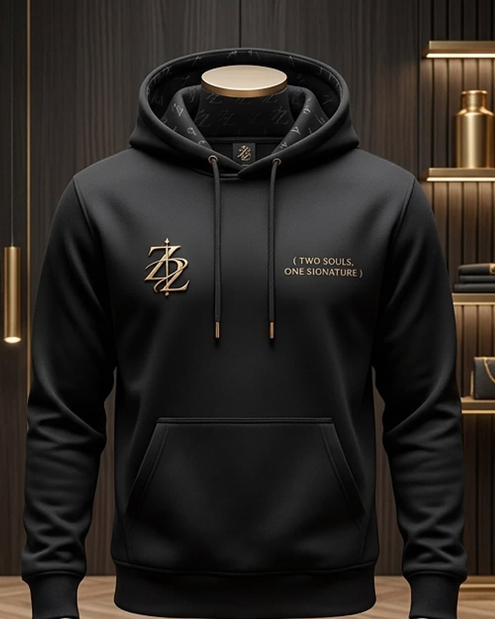 Black Zero129 hoodie with a gold double-Z monogram on the chest and a monogram-lined hood