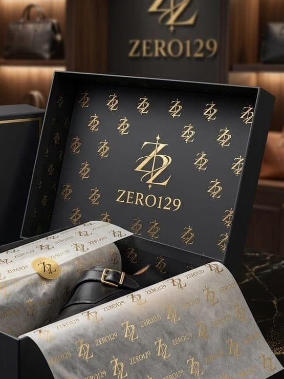 Black Zero129 box lined with the gold double-Z pattern and monogrammed tissue