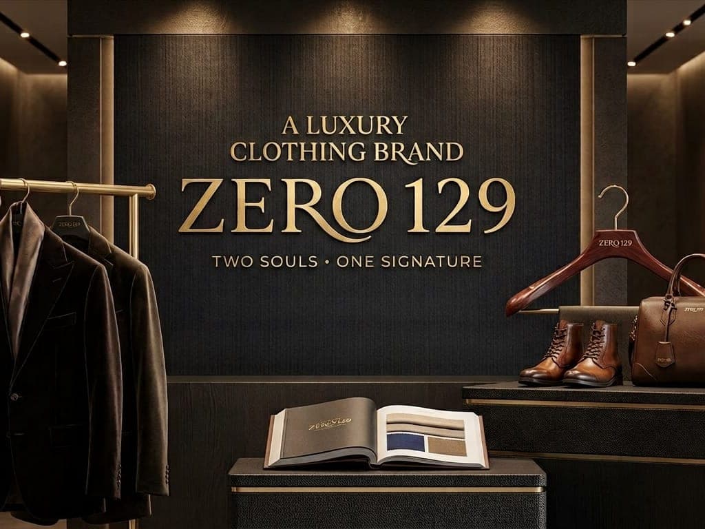 Zero129 wall with velvet jackets, leather boots and a lookbook on display